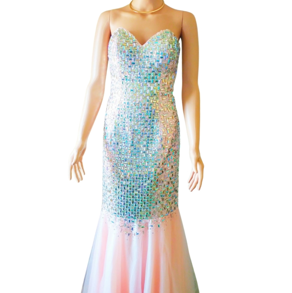 TERANI Sweetheart strapless beaded Tulle  Mermaid trumpet Formal Gown